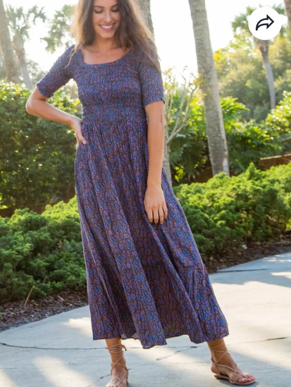 Natural Life Daisy Tiered Midi Dress Blue Floral Smocked L/XL